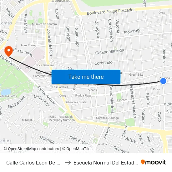 Calle Carlos León De La Peńa, 218 to Escuela Normal Del Estado De Durango map