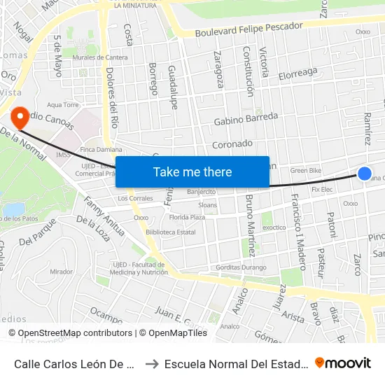 Calle Carlos León De La Peńa, 209 to Escuela Normal Del Estado De Durango map