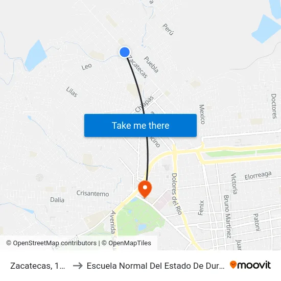 Zacatecas, 1319 to Escuela Normal Del Estado De Durango map