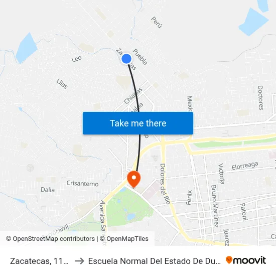 Zacatecas, 1105b to Escuela Normal Del Estado De Durango map