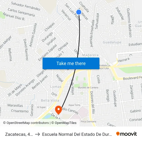 Zacatecas, 405 to Escuela Normal Del Estado De Durango map