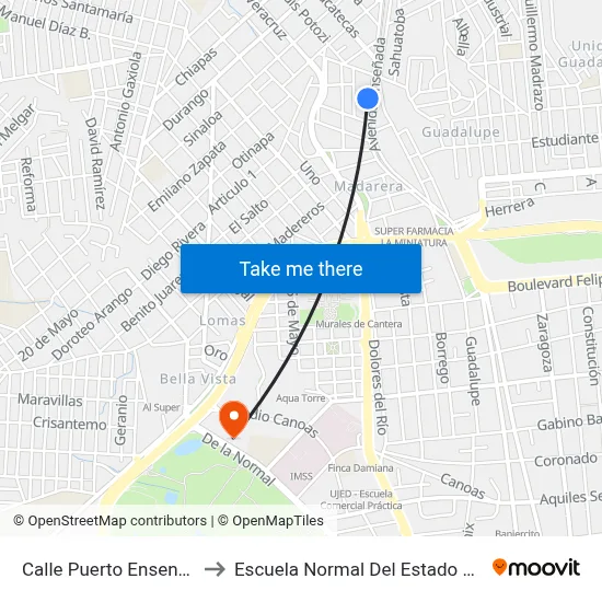 Calle Puerto Ensenada, 815 to Escuela Normal Del Estado De Durango map
