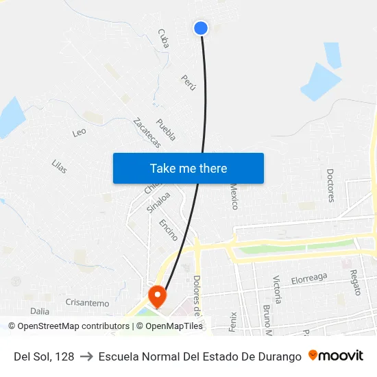 Del Sol, 128 to Escuela Normal Del Estado De Durango map
