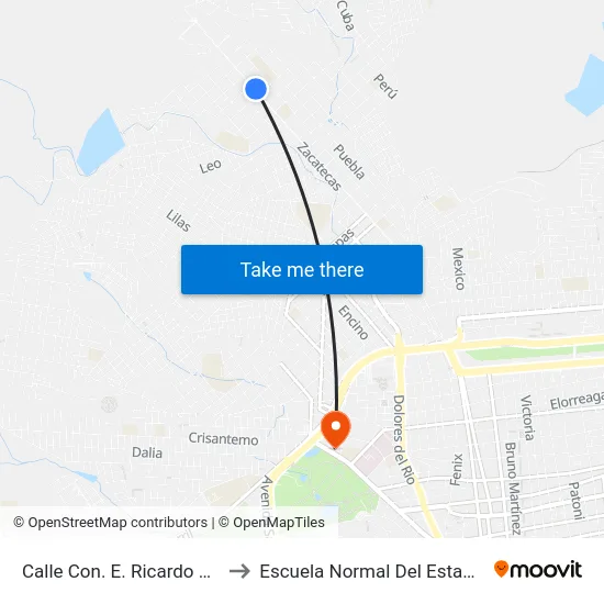 Calle Con. E. Ricardo Vázquez, 105 to Escuela Normal Del Estado De Durango map