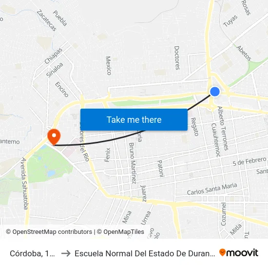 Córdoba, 100 to Escuela Normal Del Estado De Durango map