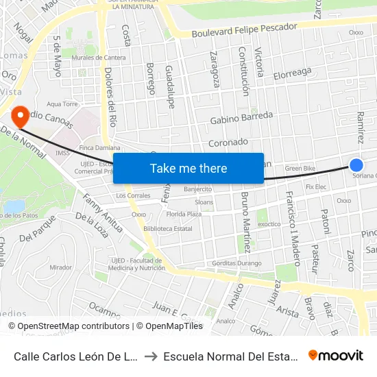 Calle Carlos León De La Peńa, 200b to Escuela Normal Del Estado De Durango map