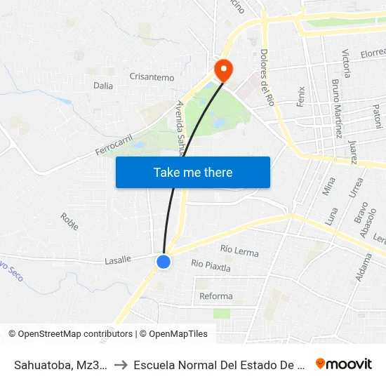 Sahuatoba, Mz31 Lt6 to Escuela Normal Del Estado De Durango map