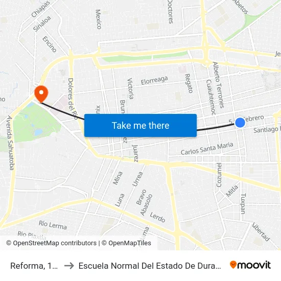 Reforma, 100 to Escuela Normal Del Estado De Durango map