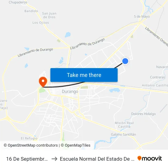 16 De Septiembre, 100 to Escuela Normal Del Estado De Durango map
