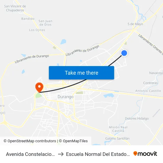 Avenida Constelaciones, 1010 to Escuela Normal Del Estado De Durango map