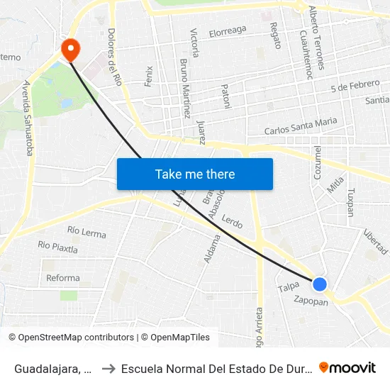 Guadalajara, 228 to Escuela Normal Del Estado De Durango map