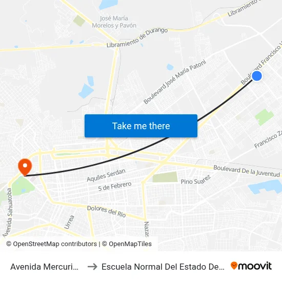 Avenida Mercurio, 104f to Escuela Normal Del Estado De Durango map