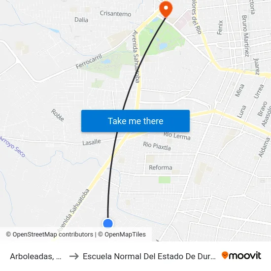 Arboleadas, 107 to Escuela Normal Del Estado De Durango map