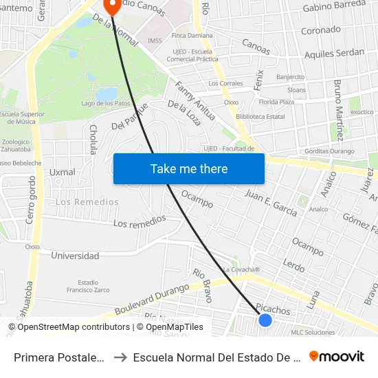 Primera Postales, 102 to Escuela Normal Del Estado De Durango map