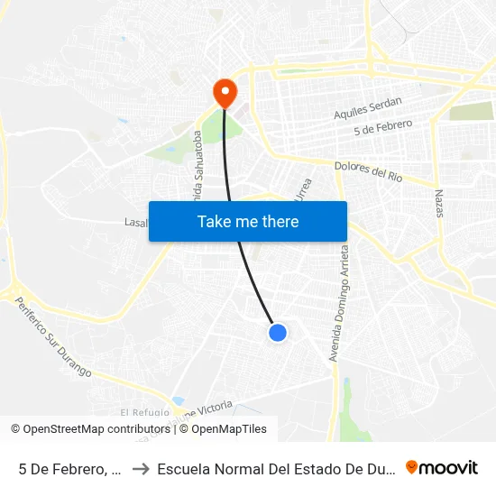 5 De Febrero, 300 to Escuela Normal Del Estado De Durango map