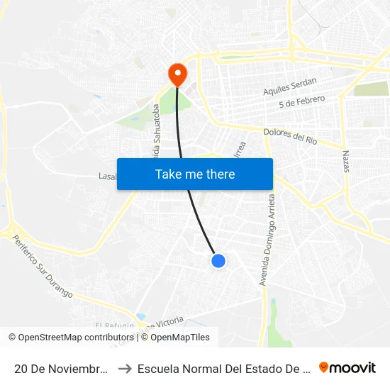 20 De Noviembre, 305 to Escuela Normal Del Estado De Durango map
