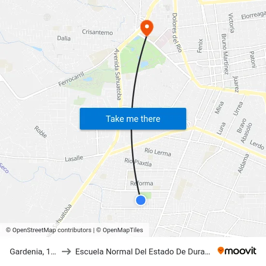 Gardenia, 104 to Escuela Normal Del Estado De Durango map