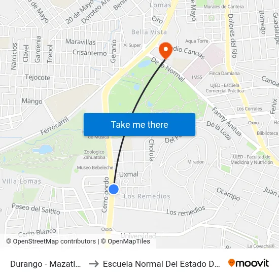 Durango - Mazatlan, 117 to Escuela Normal Del Estado De Durango map