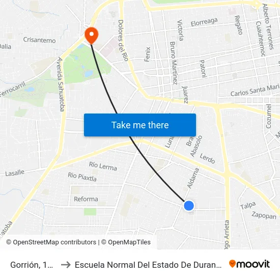 Gorrión, 113 to Escuela Normal Del Estado De Durango map