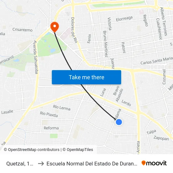 Quetzal, 110 to Escuela Normal Del Estado De Durango map