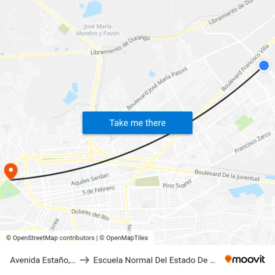 Avenida Estaño, 227 to Escuela Normal Del Estado De Durango map