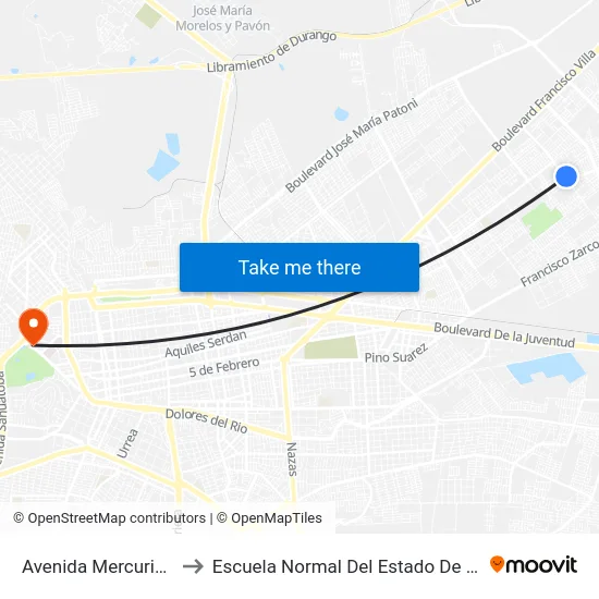 Avenida Mercurio, 219 to Escuela Normal Del Estado De Durango map