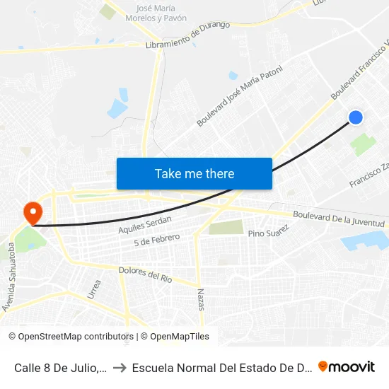Calle 8 De Julio, 106 to Escuela Normal Del Estado De Durango map