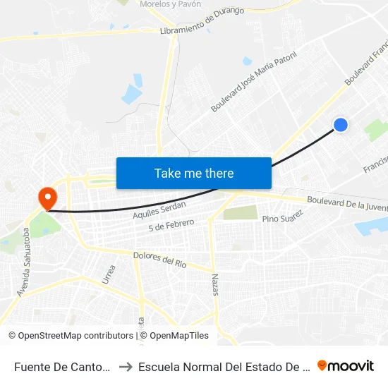 Fuente De Cantos, 615 to Escuela Normal Del Estado De Durango map