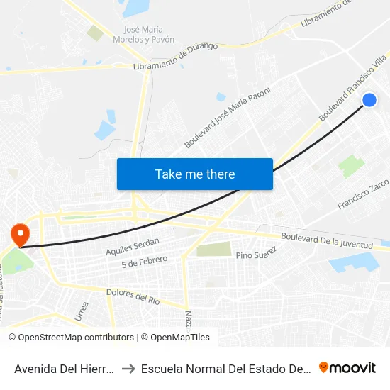 Avenida Del Hierro, 417 to Escuela Normal Del Estado De Durango map