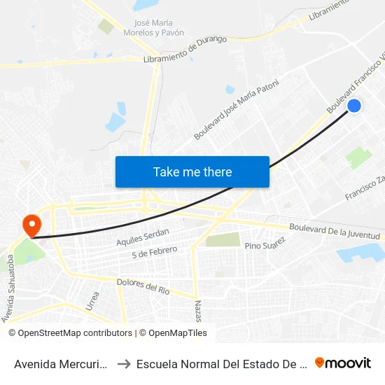 Avenida Mercurio, 137 to Escuela Normal Del Estado De Durango map