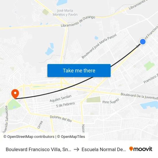 Boulevard Francisco Villa, Sn-S Sagarpa Estacionamiento to Escuela Normal Del Estado De Durango map