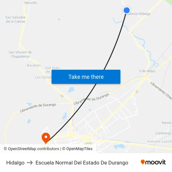 Hidalgo to Escuela Normal Del Estado De Durango map