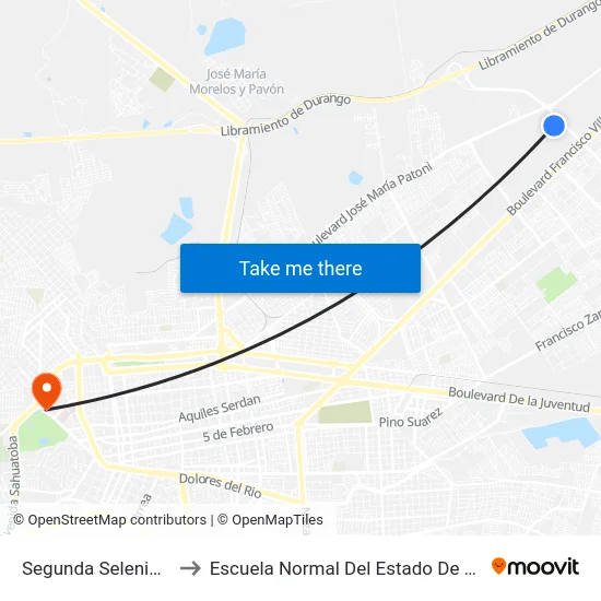 Segunda Selenio, 134 to Escuela Normal Del Estado De Durango map