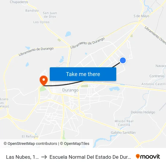 Las Nubes, 115 to Escuela Normal Del Estado De Durango map