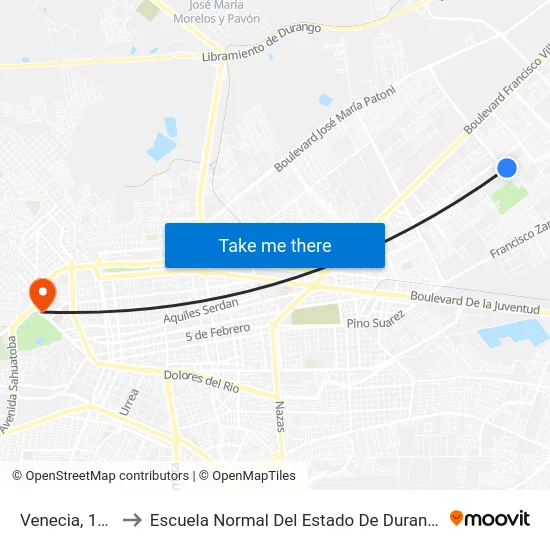 Venecia, 108 to Escuela Normal Del Estado De Durango map