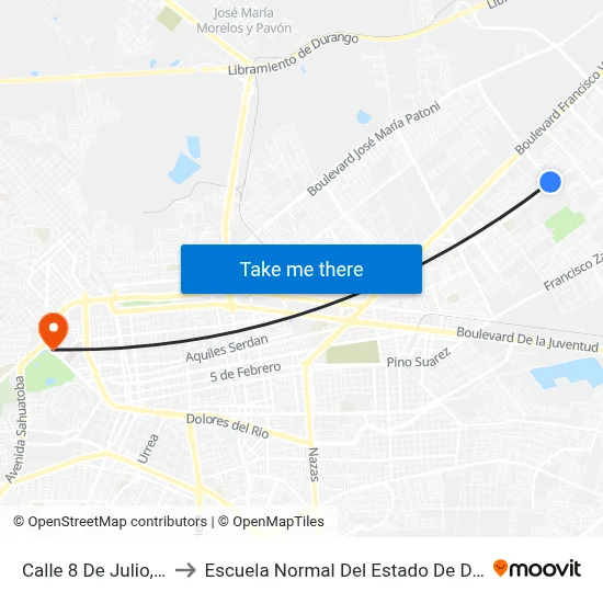 Calle 8 De Julio, 102 to Escuela Normal Del Estado De Durango map