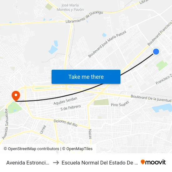 Avenida Estroncio, 157 to Escuela Normal Del Estado De Durango map