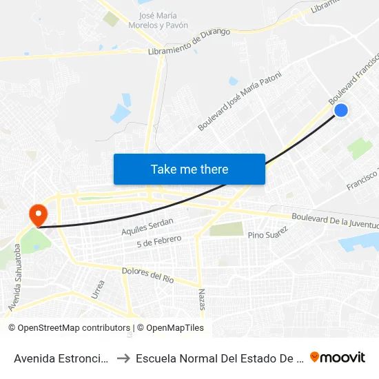 Avenida Estroncio, 129 to Escuela Normal Del Estado De Durango map
