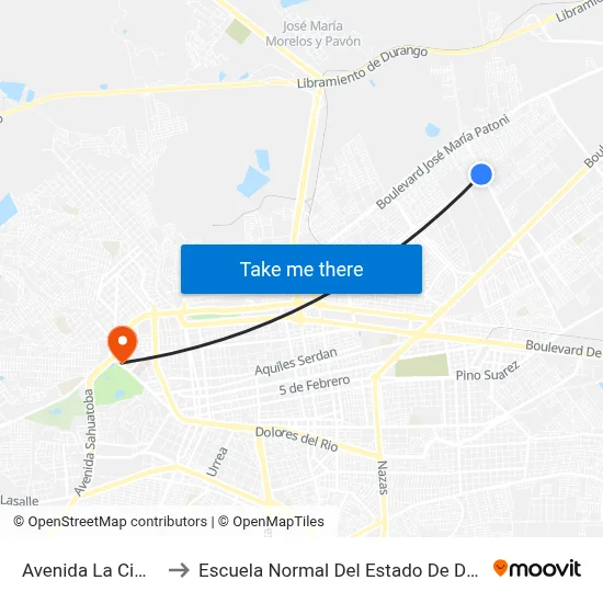 Avenida La Cima, 2 to Escuela Normal Del Estado De Durango map