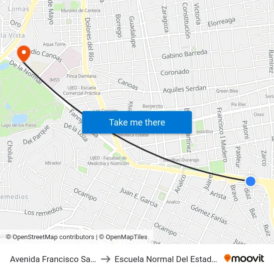 Avenida Francisco Sarabia, 1051 to Escuela Normal Del Estado De Durango map
