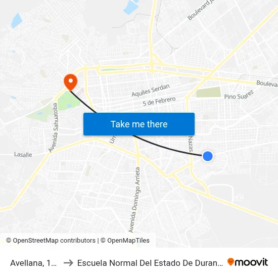 Avellana, 103 to Escuela Normal Del Estado De Durango map