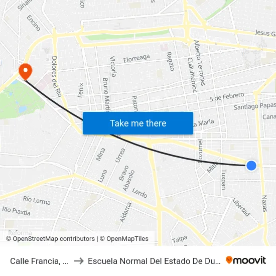 Calle Francia, 100 to Escuela Normal Del Estado De Durango map