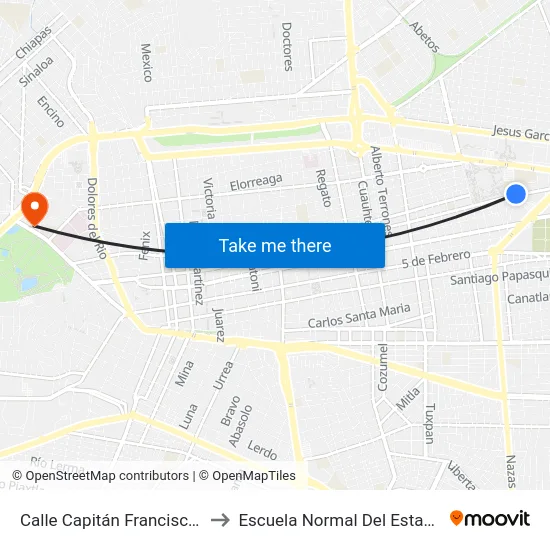 Calle Capitán Francisco De Ibarra, 1 to Escuela Normal Del Estado De Durango map