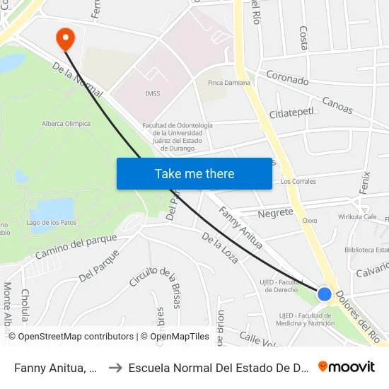 Fanny Anitua, 1398 to Escuela Normal Del Estado De Durango map