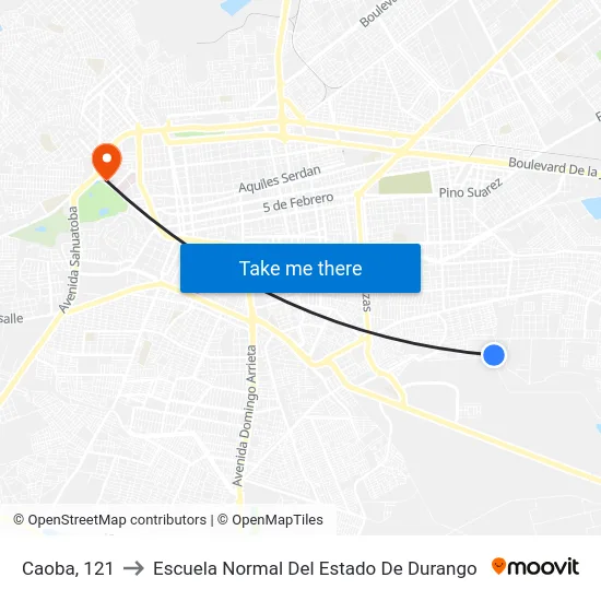 Caoba, 121 to Escuela Normal Del Estado De Durango map
