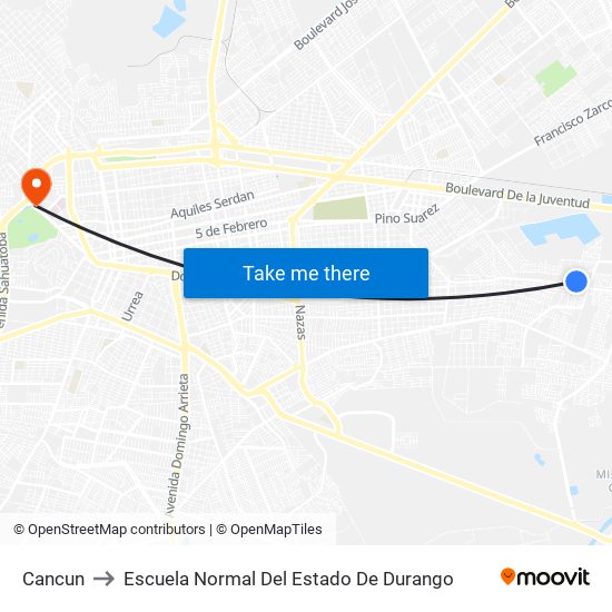 Cancun to Escuela Normal Del Estado De Durango map