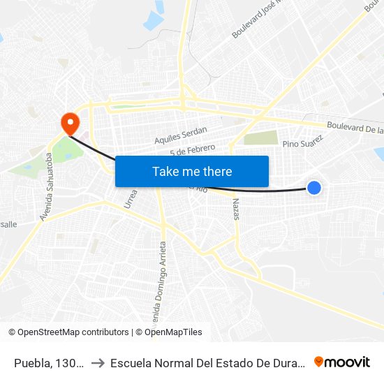 Puebla, 1308a to Escuela Normal Del Estado De Durango map