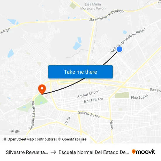 Silvestre Revueltas, 302 to Escuela Normal Del Estado De Durango map