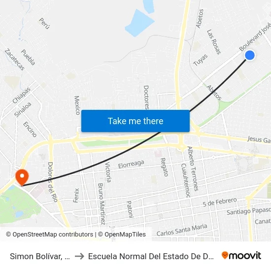Simon Bolívar, 308 to Escuela Normal Del Estado De Durango map