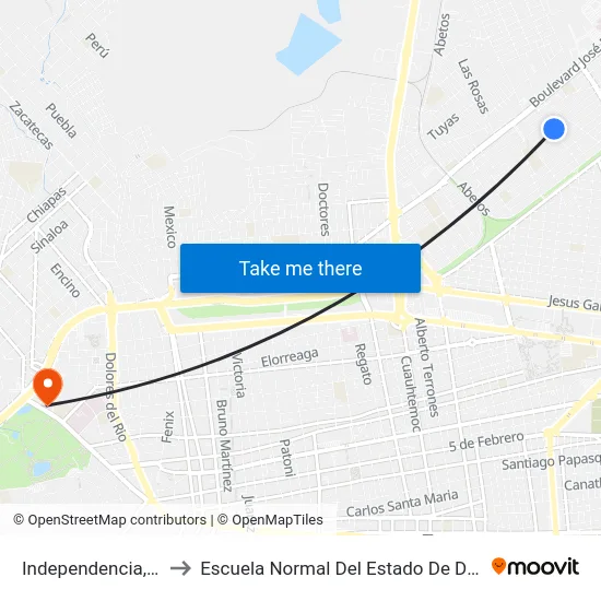 Independencia, 704 to Escuela Normal Del Estado De Durango map